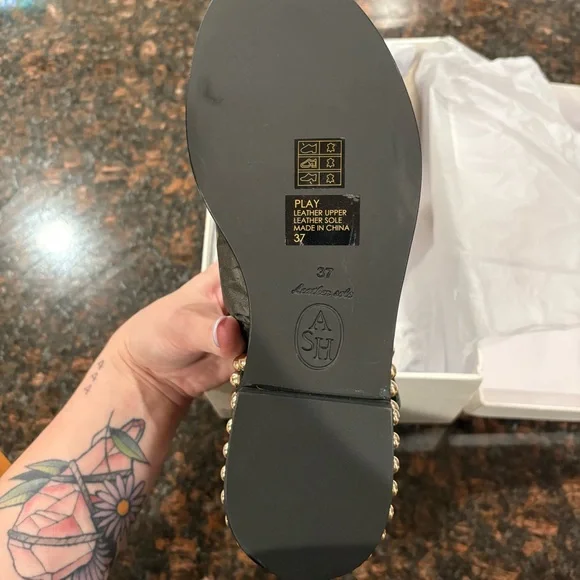 NEW Ash Play Stud Leather Embellished Sandals Black Gold Size 37 US 7 - Picture 7 of 8